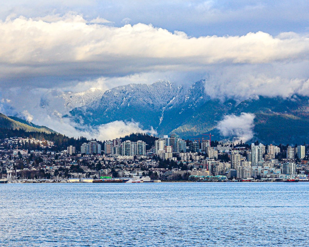 a large body of water with a city in the background