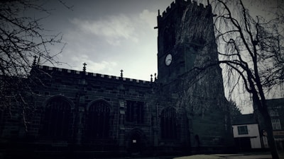 A Gothic-style church with a large clock tower stands amidst bare trees. The building is constructed from dark stone, and the foreground is shadowed, adding to the mysterious atmosphere. The sky above is cloudy, with patches of sunlight softly lighting the scene.