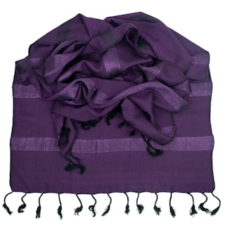 A crumpled dark purple fabric with light purple horizontal stripes and black fringes along the bottom edge. The scarf has a soft texture and appears to be loosely woven.