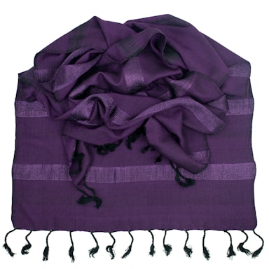 A crumpled dark purple fabric with light purple horizontal stripes and black fringes along the bottom edge. The scarf has a soft texture and appears to be loosely woven.