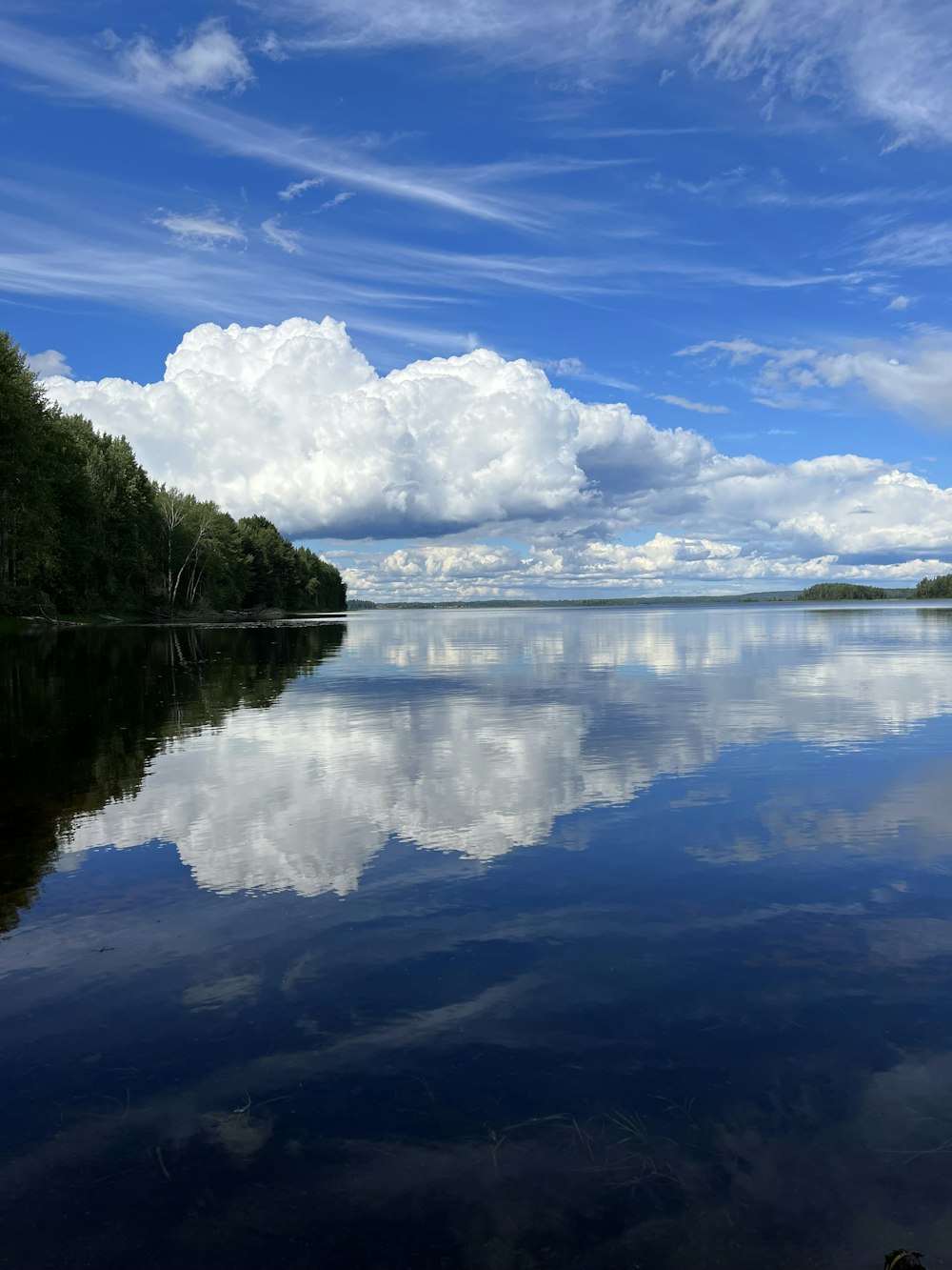 Ein Gewässer, umgeben von Bäumen und Wolken