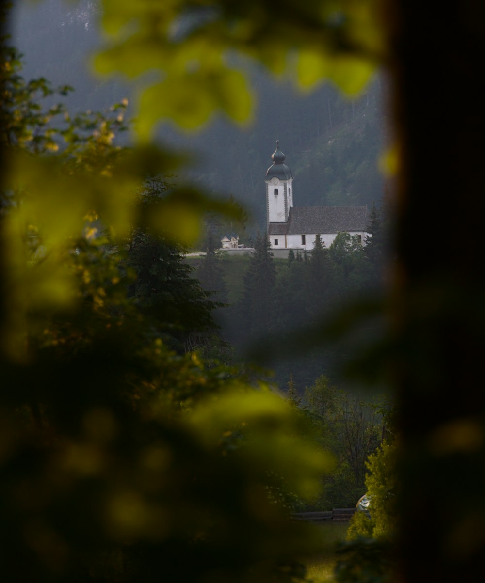 a view of a church through the trees