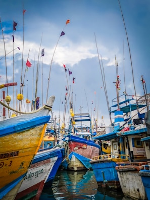 A group of pleasure boats anchored together, colorful flags fluttering in the breeze.