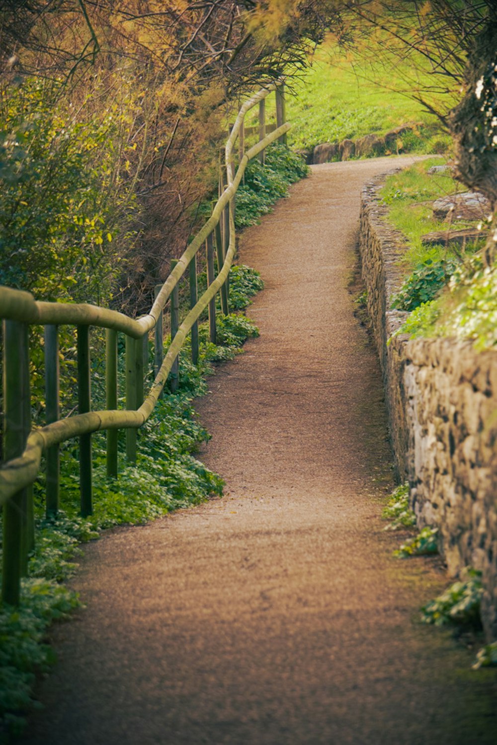 a path that is next to a stone wall