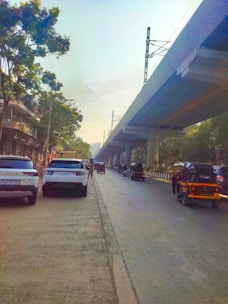 A busy urban street is shown with parked cars on the left, auto rickshaws, and motorcycles moving on the road. A large elevated railway or metro track runs parallel to the road. Trees and buildings line the street, with some people visible on the sidewalk.