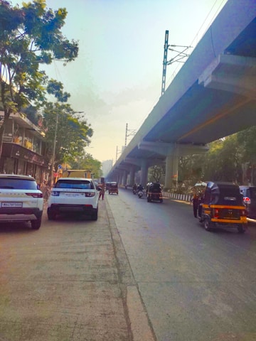 A busy urban street is shown with parked cars on the left, auto rickshaws, and motorcycles moving on the road. A large elevated railway or metro track runs parallel to the road. Trees and buildings line the street, with some people visible on the sidewalk.