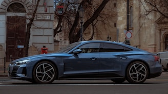 Front view of a sleek blue sedan parked on a city street in Salta.