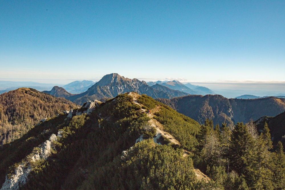 a view of a mountain range with trees and mountains in the background