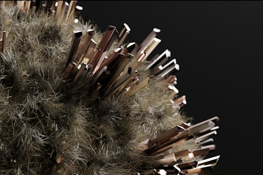 A spherical object covered with fine, hair-like structures has numerous metallic, crystalline rods protruding from its surface, set against a dark background.