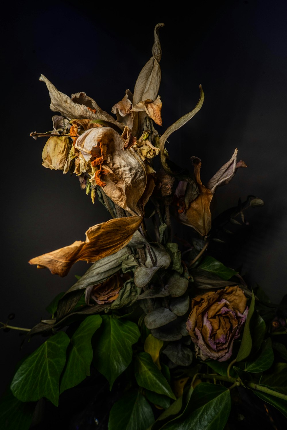 a bunch of dead flowers sitting on top of a table