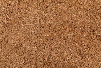 A close-up view of a textured surface composed of small wood shavings and sawdust. The surface appears uneven, with varying shades of brown and visible particles of wood fibers.