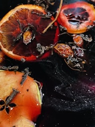 Slices of dried citrus fruits, including oranges and possibly apples or peaches, are floating on a dark liquid surface. Sprigs of herbs or spices, likely cloves, are scattered around, creating a rustic and warm appearance.