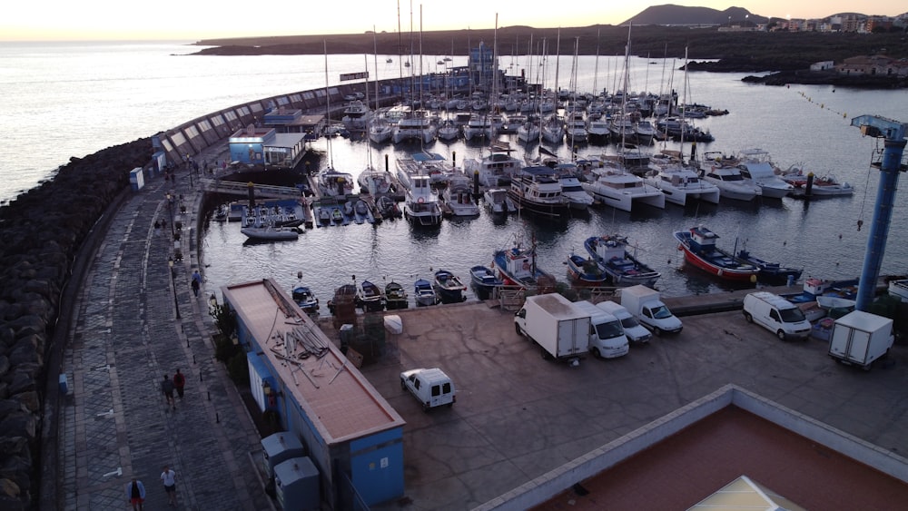 a harbor filled with lots of boats next to a bridge