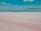A vast landscape featuring a pink-hued flatland meeting a calm body of water that reflects the sky. A solitary person is walking across the expansive salt flat under a broad blue sky dotted with a few clouds.