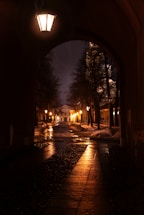 a city street at night with a light on