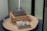 A detailed architectural model of a building under construction with scaffolding and structural framework visible. The model includes a rectangular base and various sections made of wood and metal. The setting is indoors, with the model displayed on a round platform.