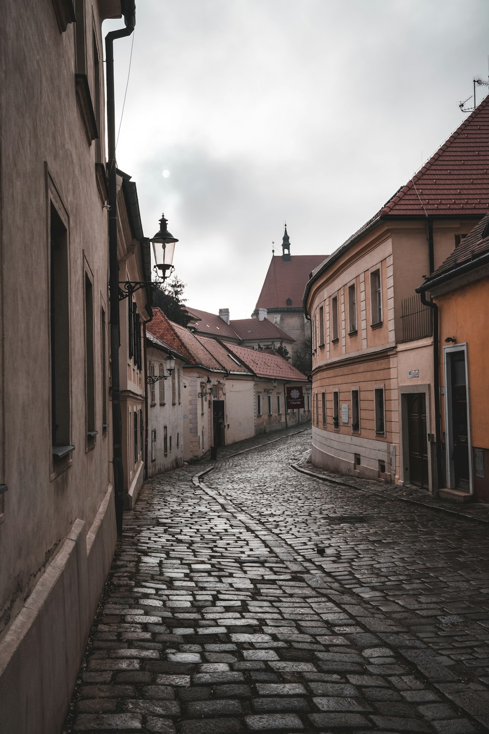 a cobblestone street in a small town