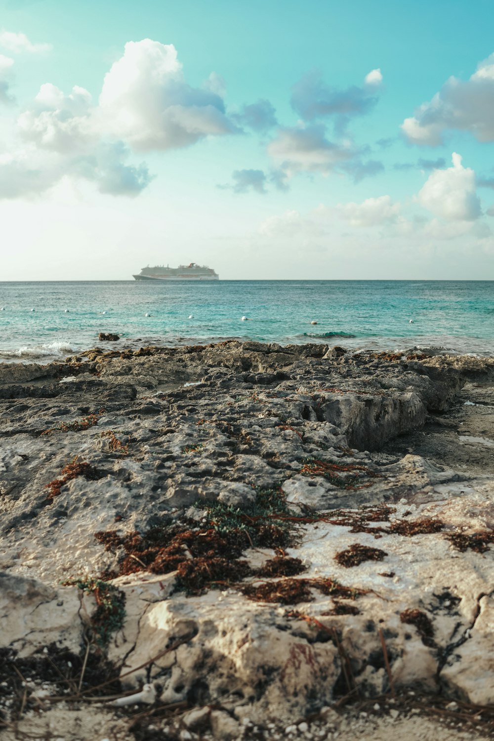 a rocky beach with a boat in the distance