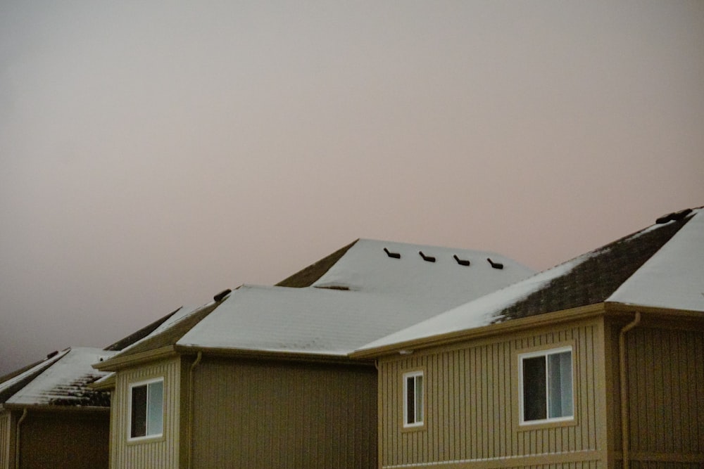 분홍색 하늘 아래 눈으로 덮인 집들이 줄지어 있습니다.