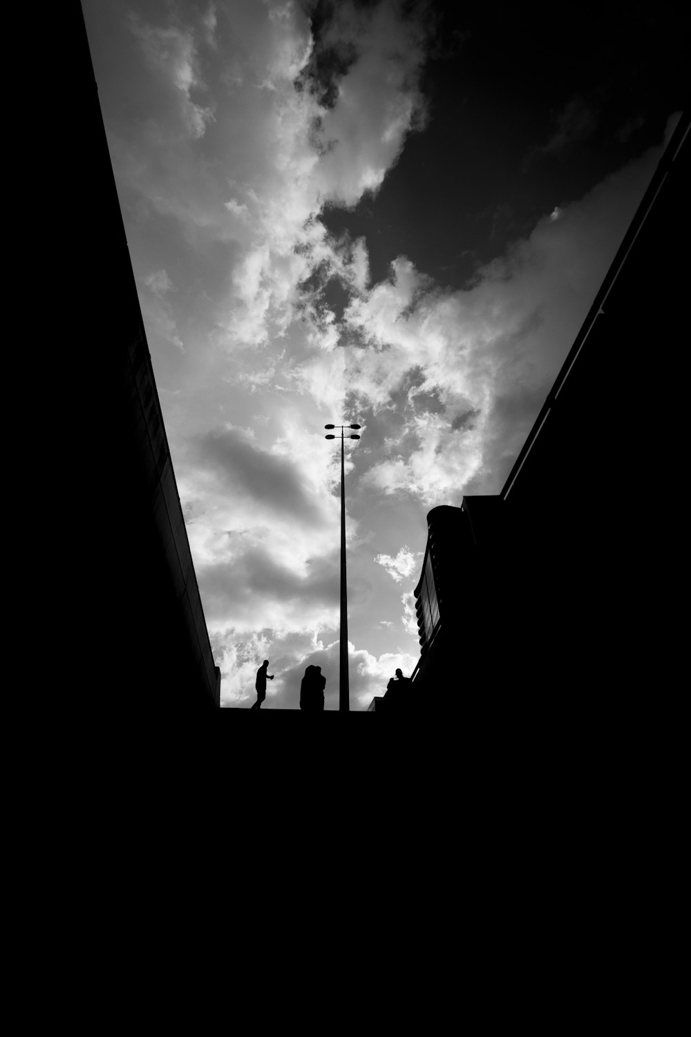 a black and white photo of a street light