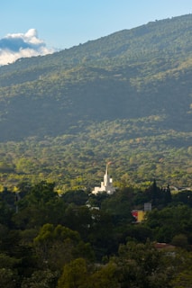 A white church with a tall spire is situated amidst a dense, green forest. In the background, a large mountain under a clear blue sky is visible, with a few clouds adding contrast. The scene is bathed in warm, late-afternoon sunlight that highlights the rich textures of the landscape.