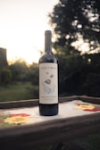 A bottle of wine labeled 'Costa y Roca' is placed on a wooden surface with an embroidered cloth featuring colorful floral designs. The background shows a blurred, sunlit garden with trees and bushes.