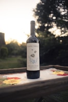 A bottle of wine labeled 'Costa y Roca' is placed on a wooden surface with an embroidered cloth featuring colorful floral designs. The background shows a blurred, sunlit garden with trees and bushes.