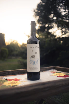 Elegant bottle of mistela with grapes and a wooden background highlighting its artisanal quality.