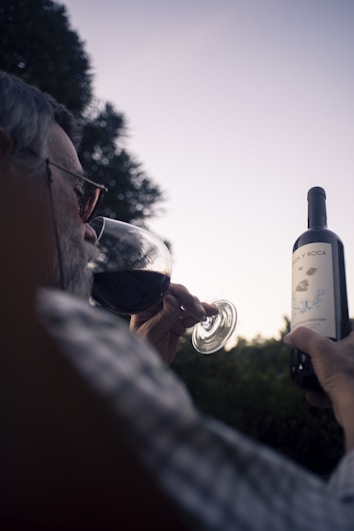 A person is enjoying a glass of red wine outdoors, holding both the glass and a bottle labeled 'Roca y Roca.' The background shows trees silhouetted against a clear sky during sunset, suggesting a relaxed and serene setting.