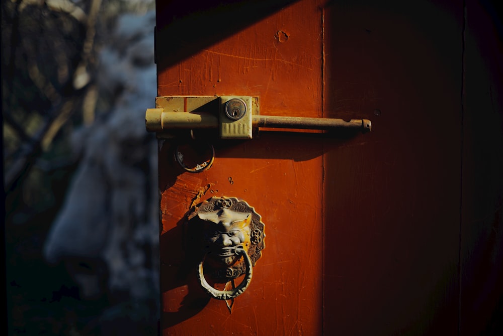 uma maçaneta de porta com uma cabeça de leão sobre ela