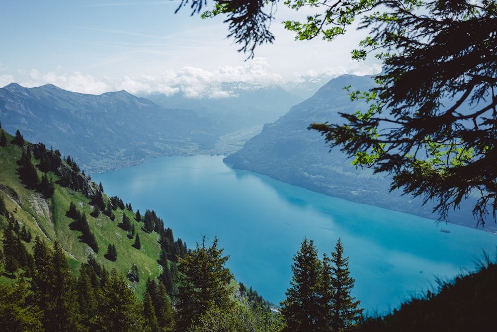 Ein blauer See, umgeben von Bergen und Bäumen