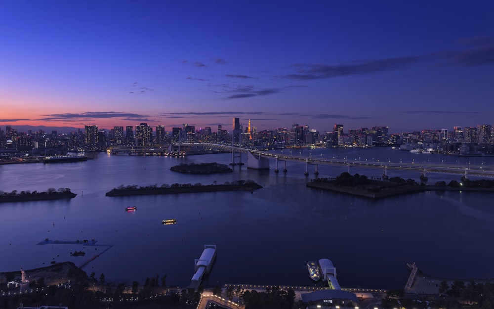 a large body of water with a city in the background