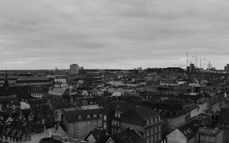 An expansive urban cityscape dominated by a mix of historic and modern buildings under an overcast sky. Residential rooftops and construction cranes are prominent, indicating a blend of traditional architecture and ongoing development.