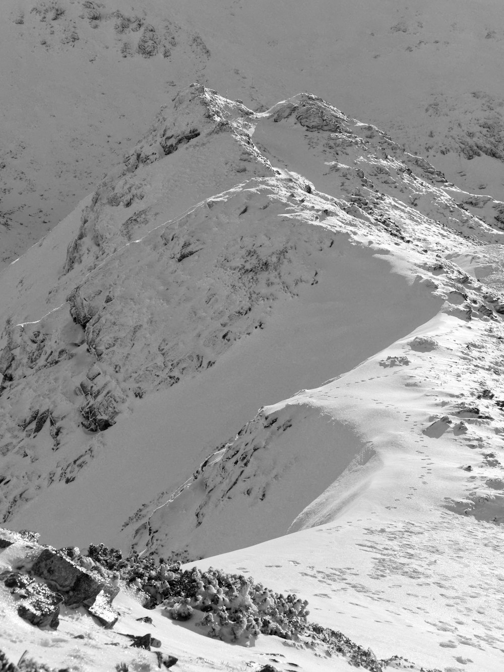 a black and white photo of a snowy mountain