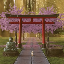 A tranquil scene featuring a red torii gate in the center with cherry blossom trees lining a stone pathway. A small cat is walking down the path, and a serene Buddha statue is placed to the left. Sunlight filters through the trees, casting a warm glow over the scene.