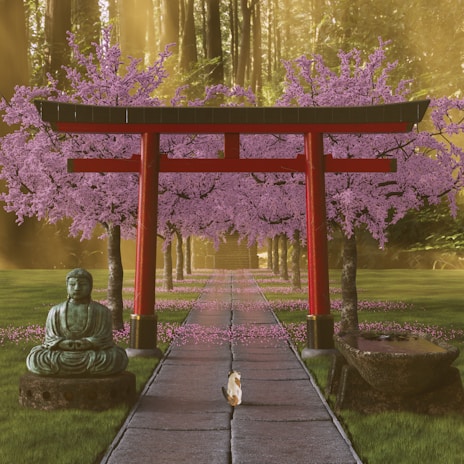 A tranquil scene featuring a red torii gate in the center with cherry blossom trees lining a stone pathway. A small cat is walking down the path, and a serene Buddha statue is placed to the left. Sunlight filters through the trees, casting a warm glow over the scene.