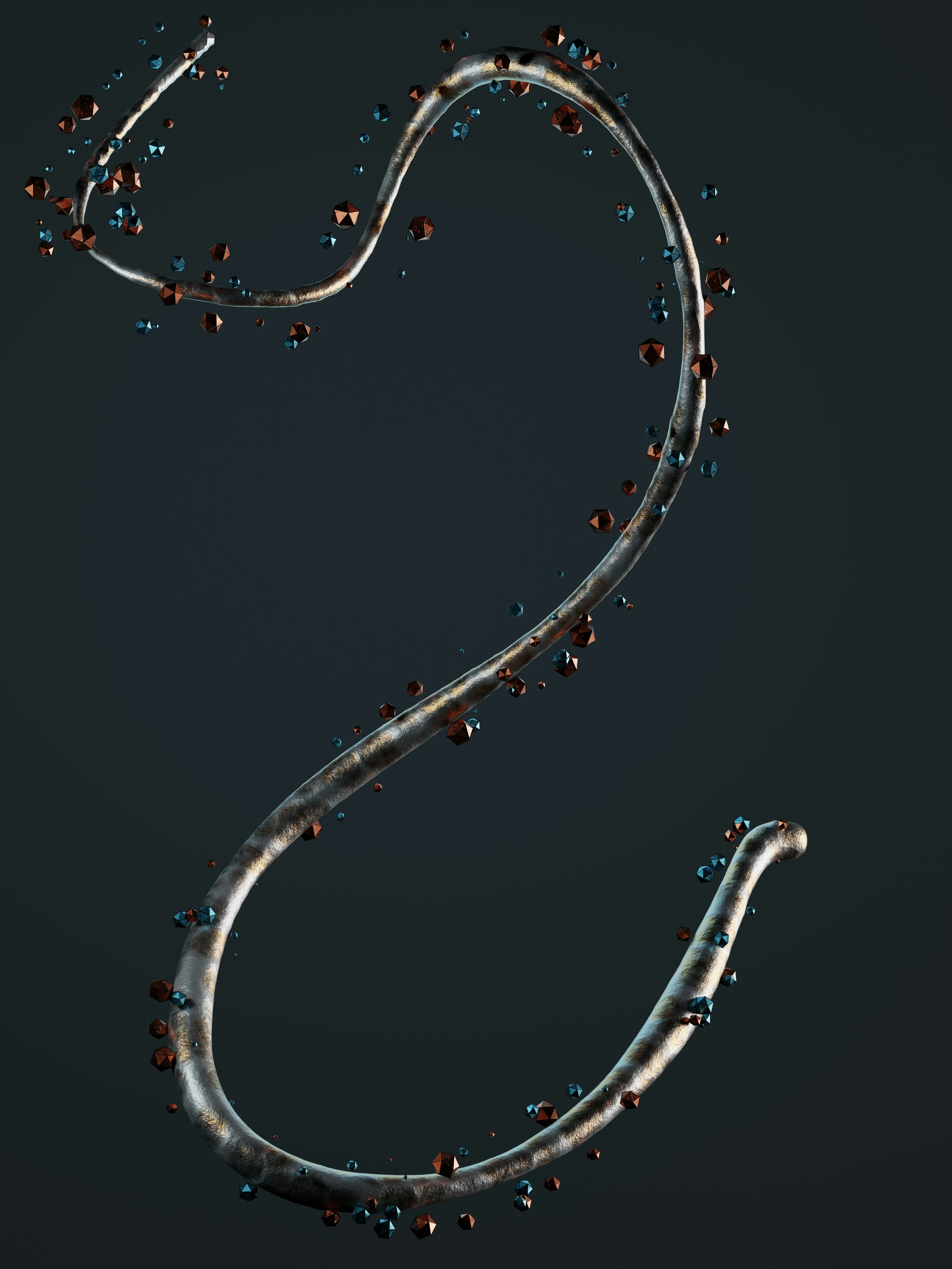 abstract shape surrounded by metallic icoSpheres.