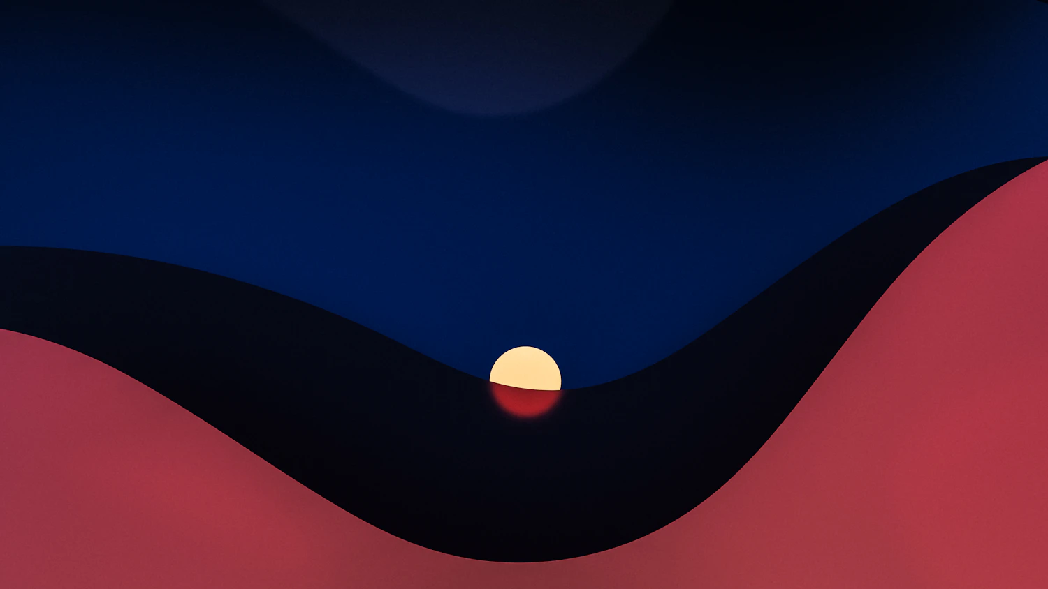 Print of a red sun setting between dark blue and coral hills
