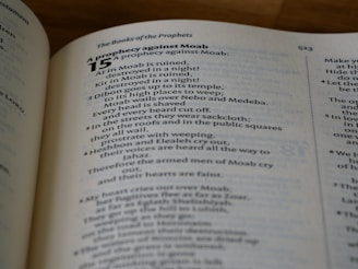 A close-up view of a book open to a page with text from 'The Books of the Prophets.' The passage is titled 'A prophecy against Moab,' with chapter and verse numbers marking the start and progression of the text. The text is printed in a serif font, and the page is well lit, indicating a reading environment.