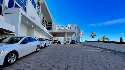A modern building with large windows and a covered entrance driveway. Several white cars are parked along the paved area leading to the main entrance. Flags are displayed near the roadside, and a few palm trees can be seen against a clear blue sky.