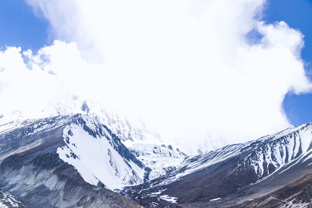 a snow covered mountain with a few clouds in the sky