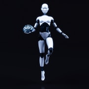 a robotic woman in a body suit holding a ball
