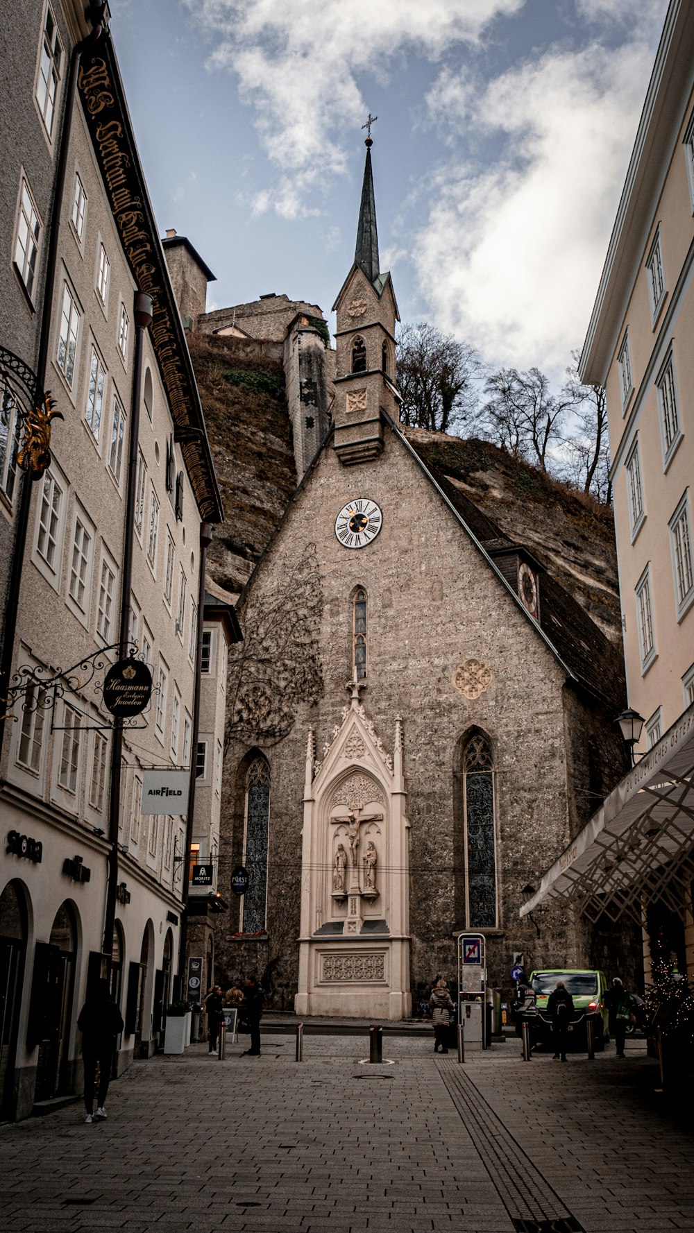 a church with a clock on the front of it