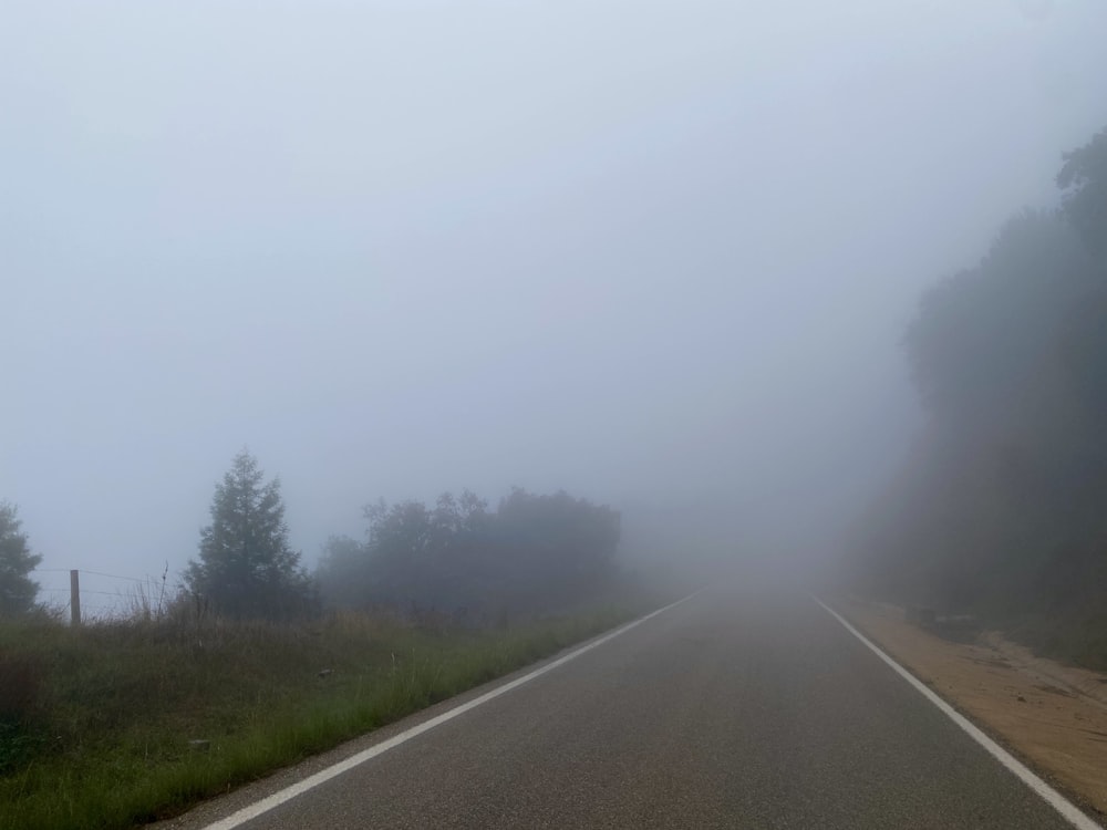 a foggy road with trees in the distance