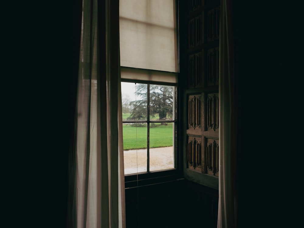 an open window with a view of a grassy field