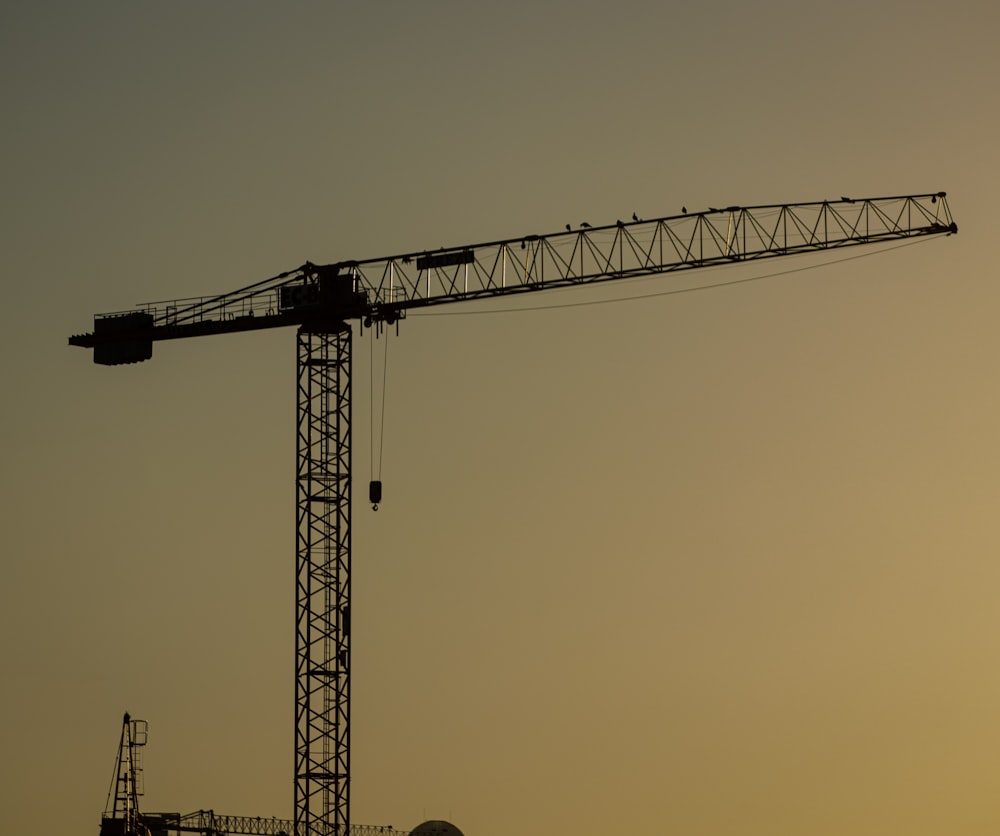 a crane is silhouetted against a sunset sky