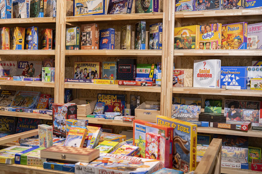 Wooden shelves filled with toys