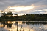 A sunset view over a tranquil lake in the countryside.