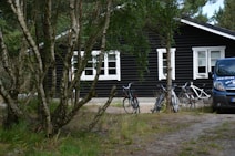 A black wooden house with white window frames is partially visible behind several trees in a forested area. There are three bicycles leaning against the house and a van parked nearby. The ground is covered in grass and dirt, and the setting has a secluded, natural feel.