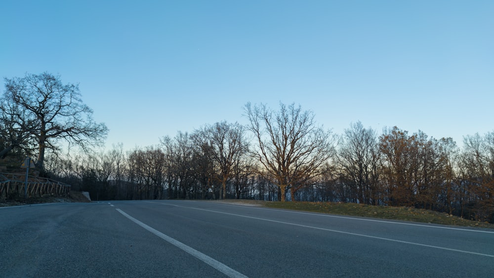 an empty road with trees on both sides